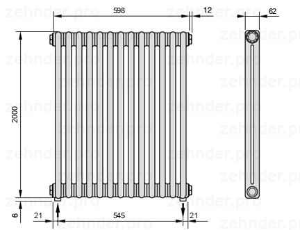 Схема (чертеж) Радиатор Zehnder Charleston 2200/13 №3570 Белый глянцевый RAL 9016